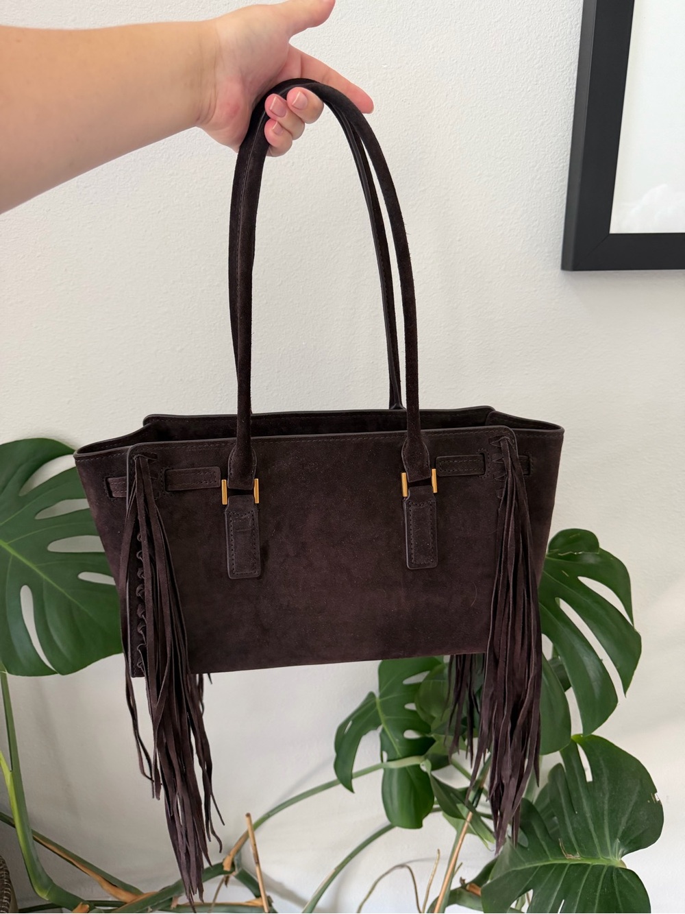 MICHAEL Michael Kors Hamilton Chocolate Brown Suede Fringe East West Tote - Picture 3 of 10